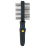 Introducing the JW Gripsoft Double Sided Comb by Jw: a sleek black grooming tool with dual rows of metal teeth and a textured handle, perfect for tackling matted fur while ensuring pet comfort.