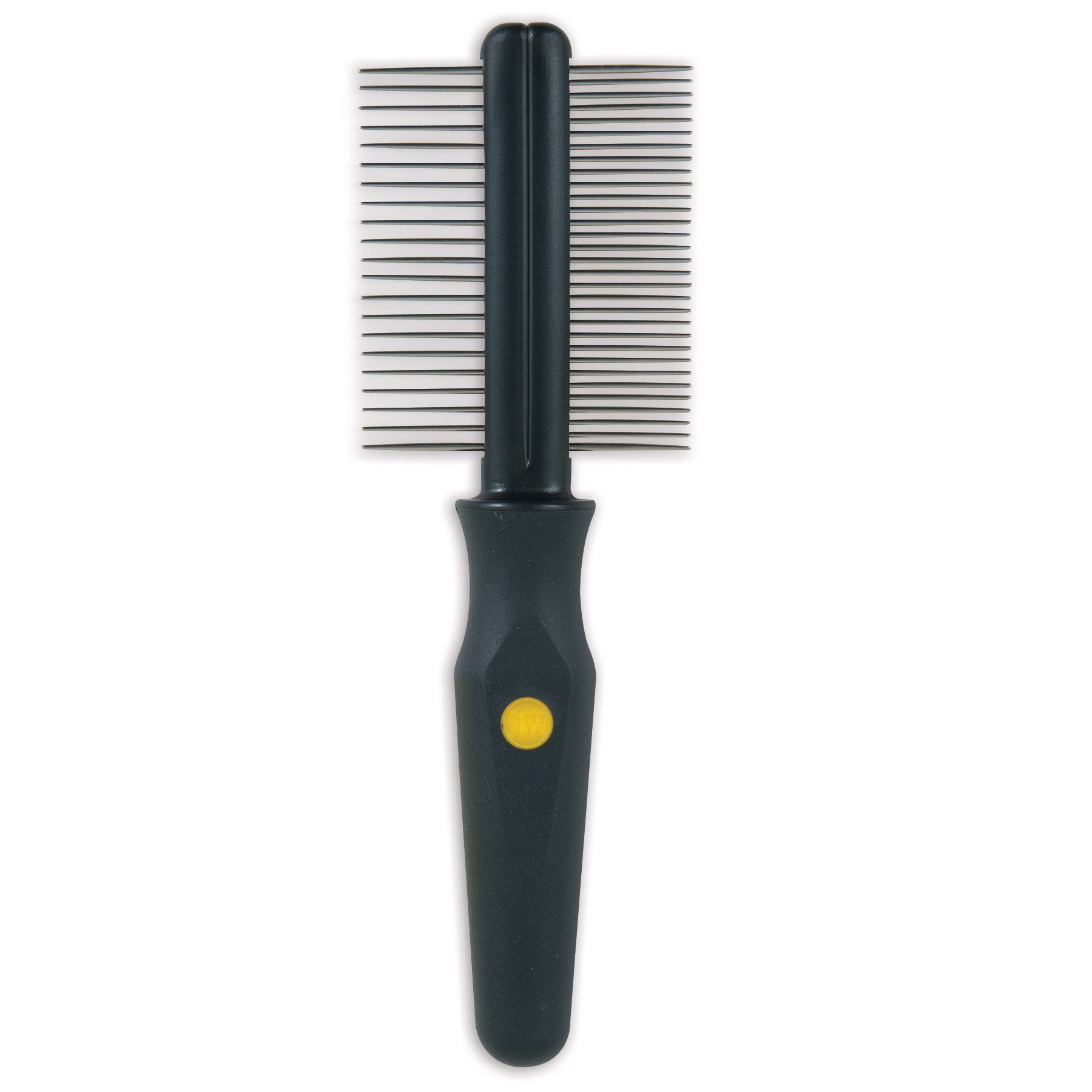 Introducing the JW Gripsoft Double Sided Comb by Jw: a sleek black grooming tool with dual rows of metal teeth and a textured handle, perfect for tackling matted fur while ensuring pet comfort.
