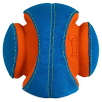 Check out the Chuckit! Giggle Kick Fetch, a colorful toy ball with a textured surface featuring overlapping blue and orange panels, visible blue stitching, and an embossed logo. Its the perfect dog toy from Chuckit for endless playtime fun.
