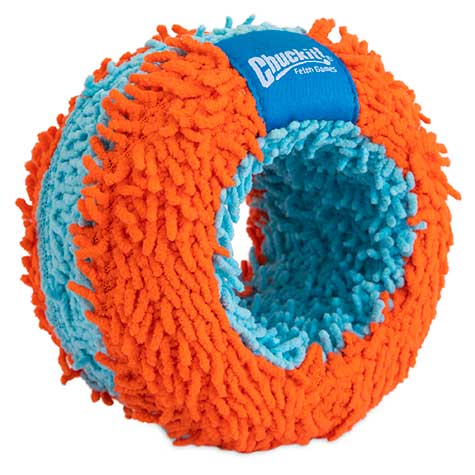 The Chuckit! Indoor Roller Dog Toy by Chuckit features a fuzzy, round design with alternating orange and blue sections. The blue section has a patch with white text, while Bounceflex Core Technology promises safe, fun indoor play for hours.