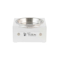 The PetFusion Elevated Bowls For Dogs & Cats feature a clear, acrylic stand with a stainless steel bowl, ideal for multi-pet homes. Its rectangular design with two round knobs promotes healthy digestion, elegantly resting on a plain white backdrop.