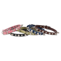The Petmate Lil Spikes Leather Custom Fit Collar collection by Petmate features five vibrant colors: pink, black, green, blue, and brown. Each durable collar showcases metal spikes and a sturdy buckle in a slightly overlapping display.