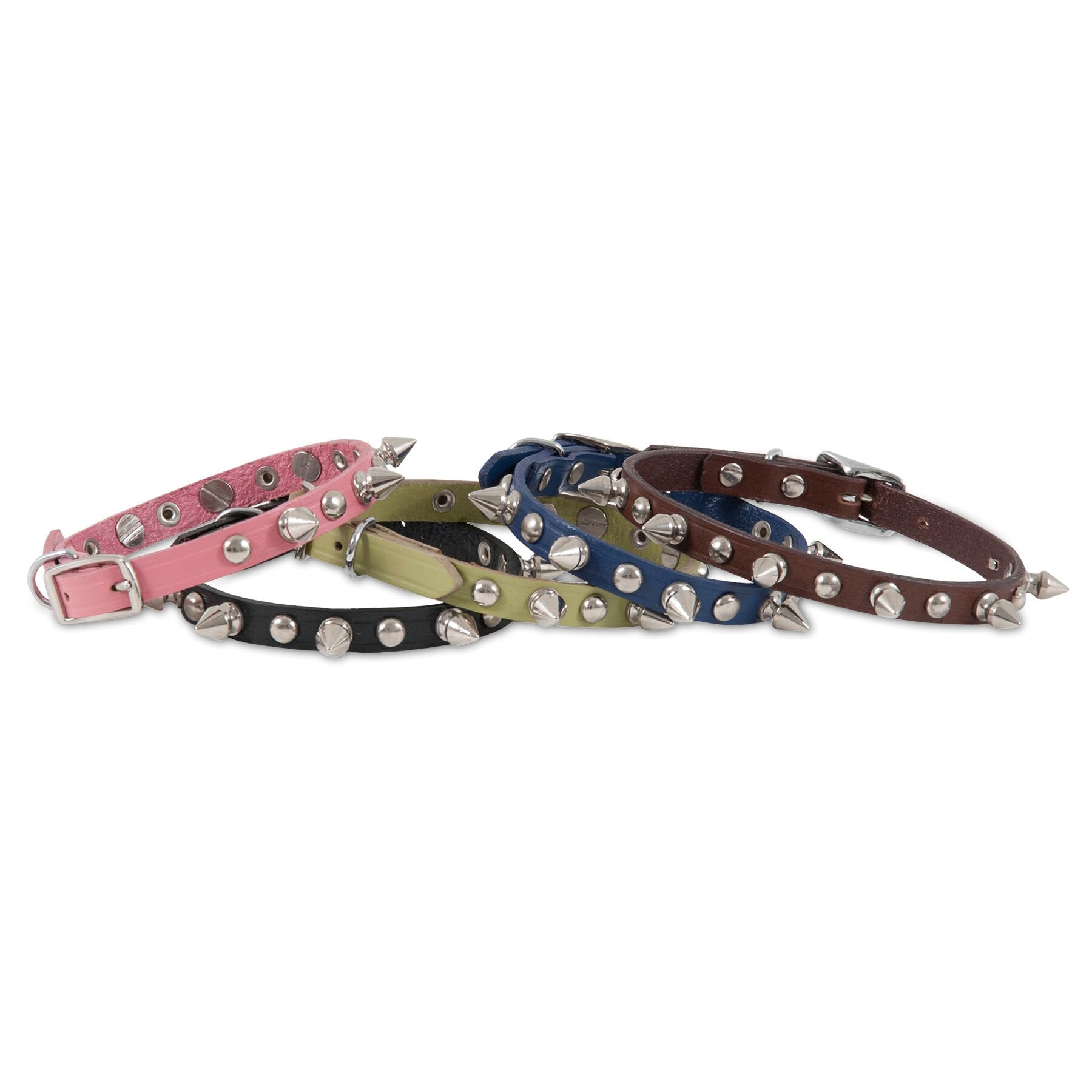 The Petmate Lil Spikes Leather Custom Fit Collar collection by Petmate features five vibrant colors: pink, black, green, blue, and brown. Each durable collar showcases metal spikes and a sturdy buckle in a slightly overlapping display.
