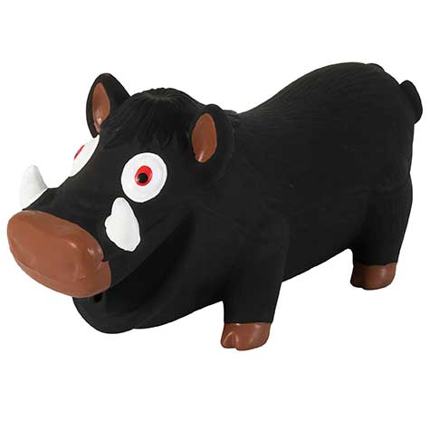 The Zoobilee Grunting Latex Warthog Dog Toy has a black body, brown snout, white tusks, large round eyes with red pupils, and small brown ears. Designed for medium to large dogs, it stands on four short legs and makes a grunting noise to keep pets entertained.
