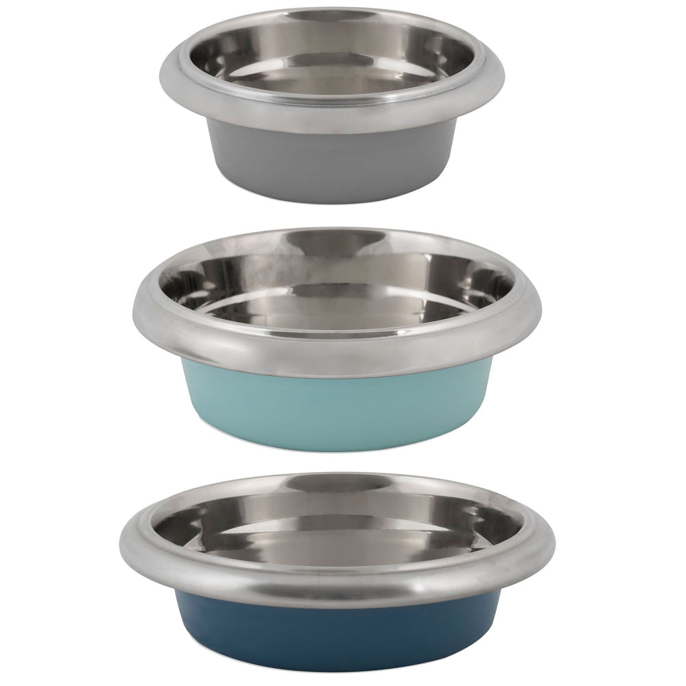Three Petmate Easy Grip Stainless Steel Pet Bowls are stacked vertically, displaying their interiors. The bowls have non-skid bases and feature grey, light blue, and dark blue exteriors from top to bottom, with each bowl slightly larger than the one above.