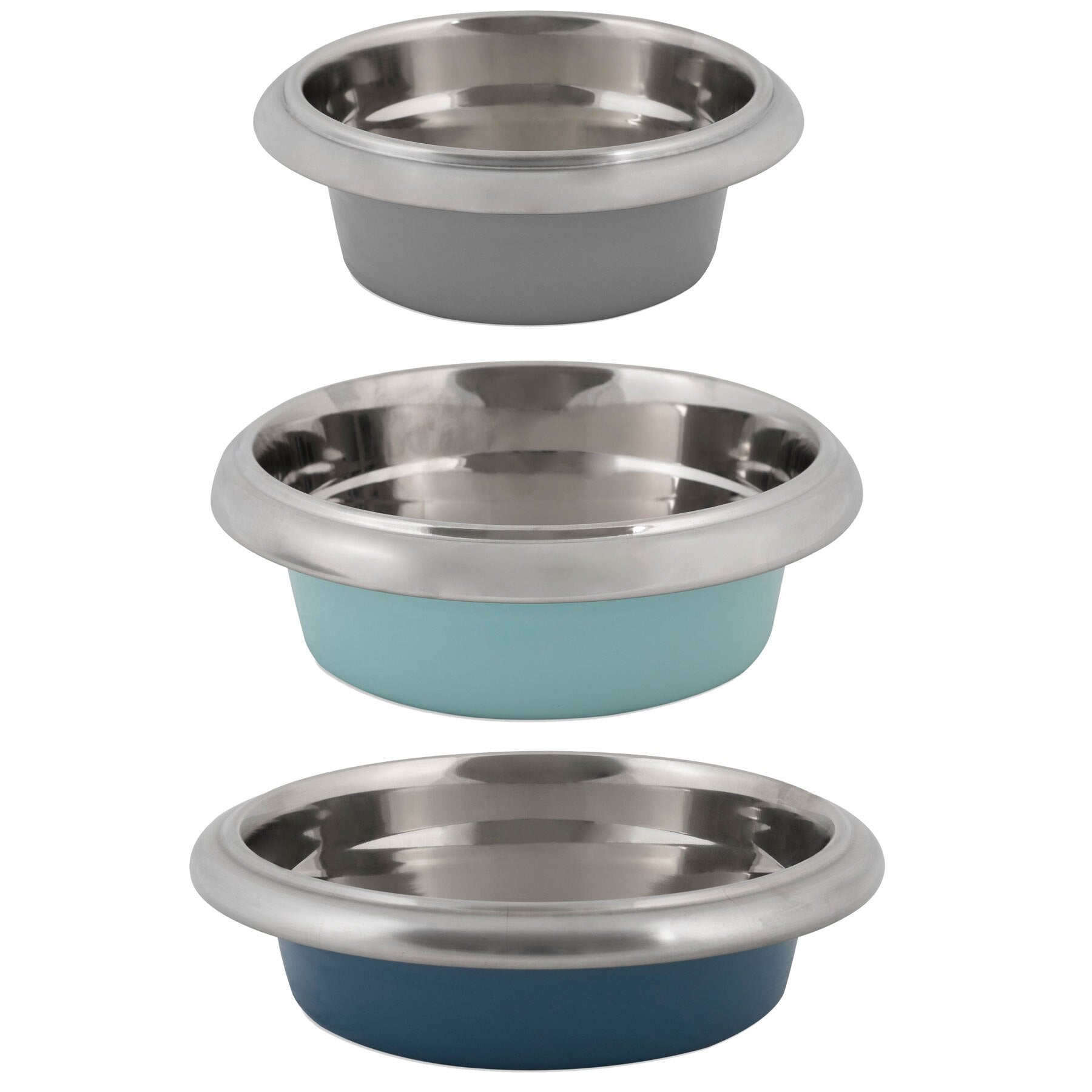 Three Petmate Easy Grip Stainless Steel Pet Bowls are stacked vertically, displaying their interiors. The bowls have non-skid bases and feature grey, light blue, and dark blue exteriors from top to bottom, with each bowl slightly larger than the one above.