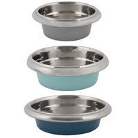 Three Petmate Easy Grip Stainless Steel Pet Bowls are stacked vertically, displaying their interiors. The bowls have non-skid bases and feature grey, light blue, and dark blue exteriors from top to bottom, with each bowl slightly larger than the one above.