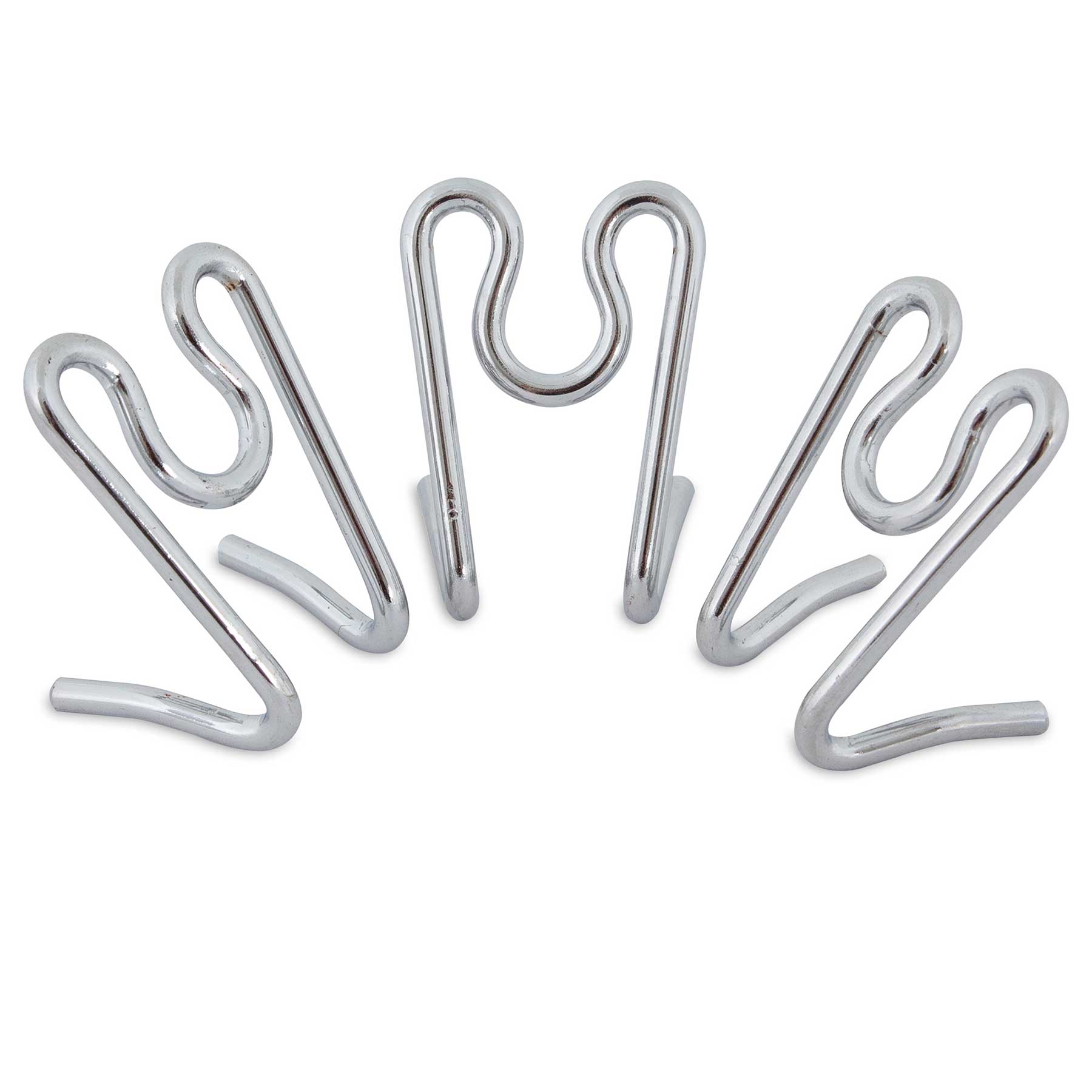 Five wavy silver metal wire display stands are arranged in a semi-circle, perfect for showcasing items like plates; they have a shiny, reflective surface similar to Aspen Pet Heavy Duty Prong Collar Replacement Links - 3pk.