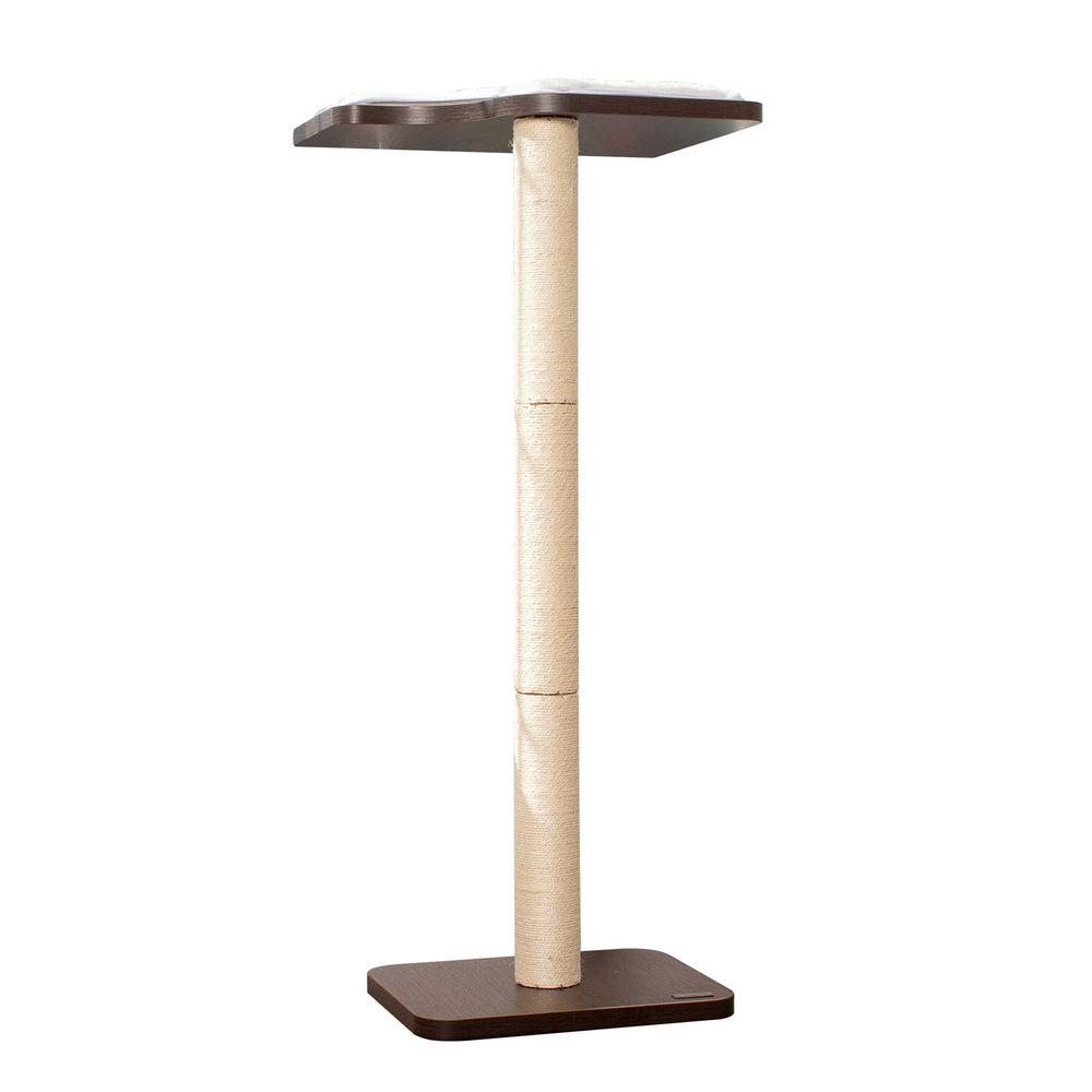 The PetFusion Ultimate Cat Window Climbing Perch, by Petfusion, is a tall brown scratching post with a sisal-wrapped pole and wooden platform. It enriches your cats environment, perfect for climbing adventures and serves as an ideal window perch.