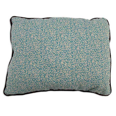 The Petmate Two-Sided Fashion Dog Pillow Bed is rectangular with a blue and white speckled, abstract design and a black border.