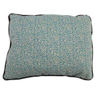 The Petmate Two-Sided Fashion Dog Pillow Bed is rectangular with a blue and white speckled, abstract design and a black border.