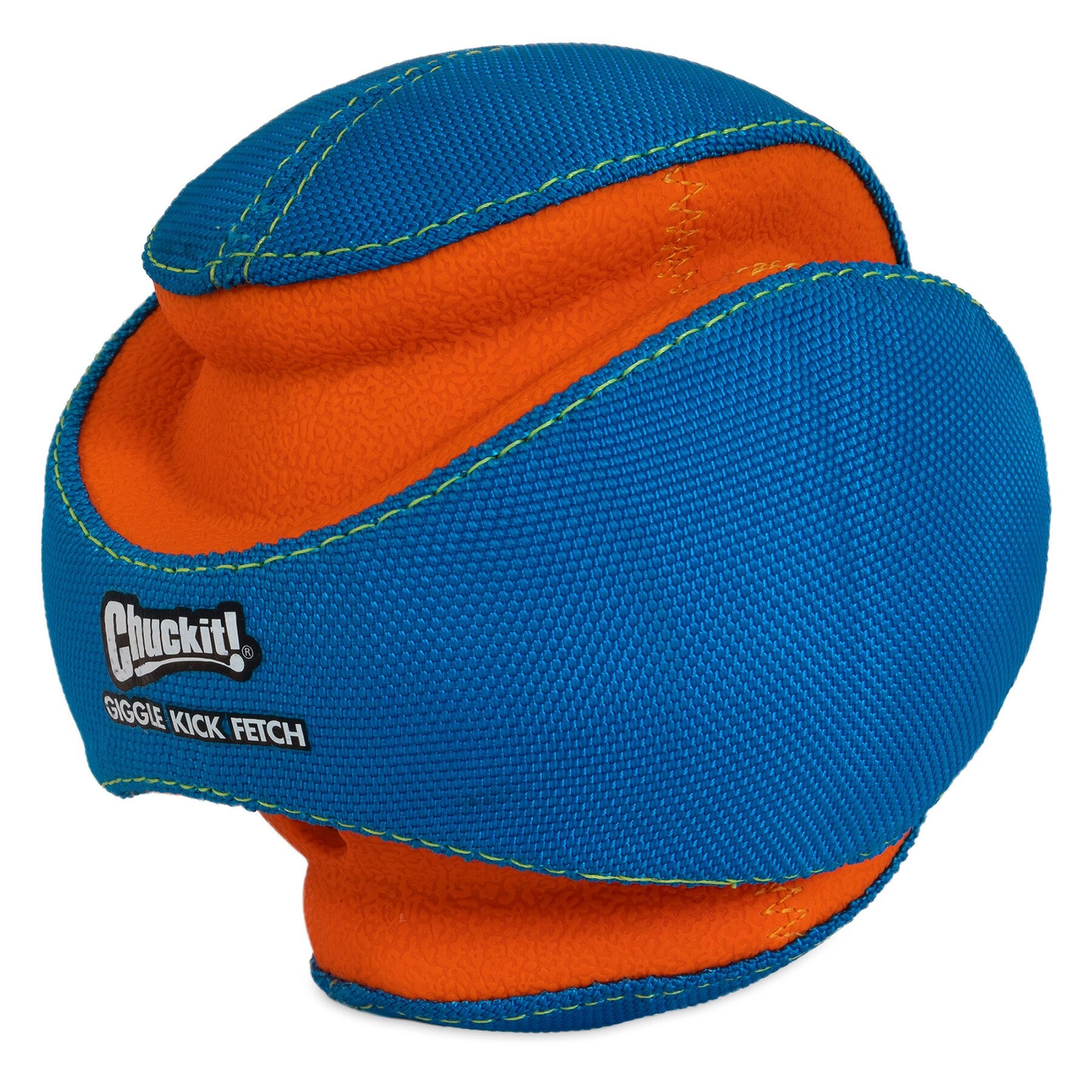 Close-up of a Chuckit! Giggle Kick Fetch dog toy, featuring bright blue and orange colors with visible stitching. Its unique, ergonomic design from Chuckit ensures easy handling and kicking, making it perfect for pet play and endless fun.
