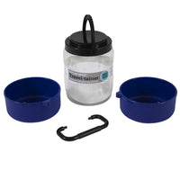 The Vittles Vault Travel-Trainer is a BPA-free pet travel container set featuring a clear cylindrical holder, two blue bowls, a black carabiner, and an airtight seal with a black lid and handle.