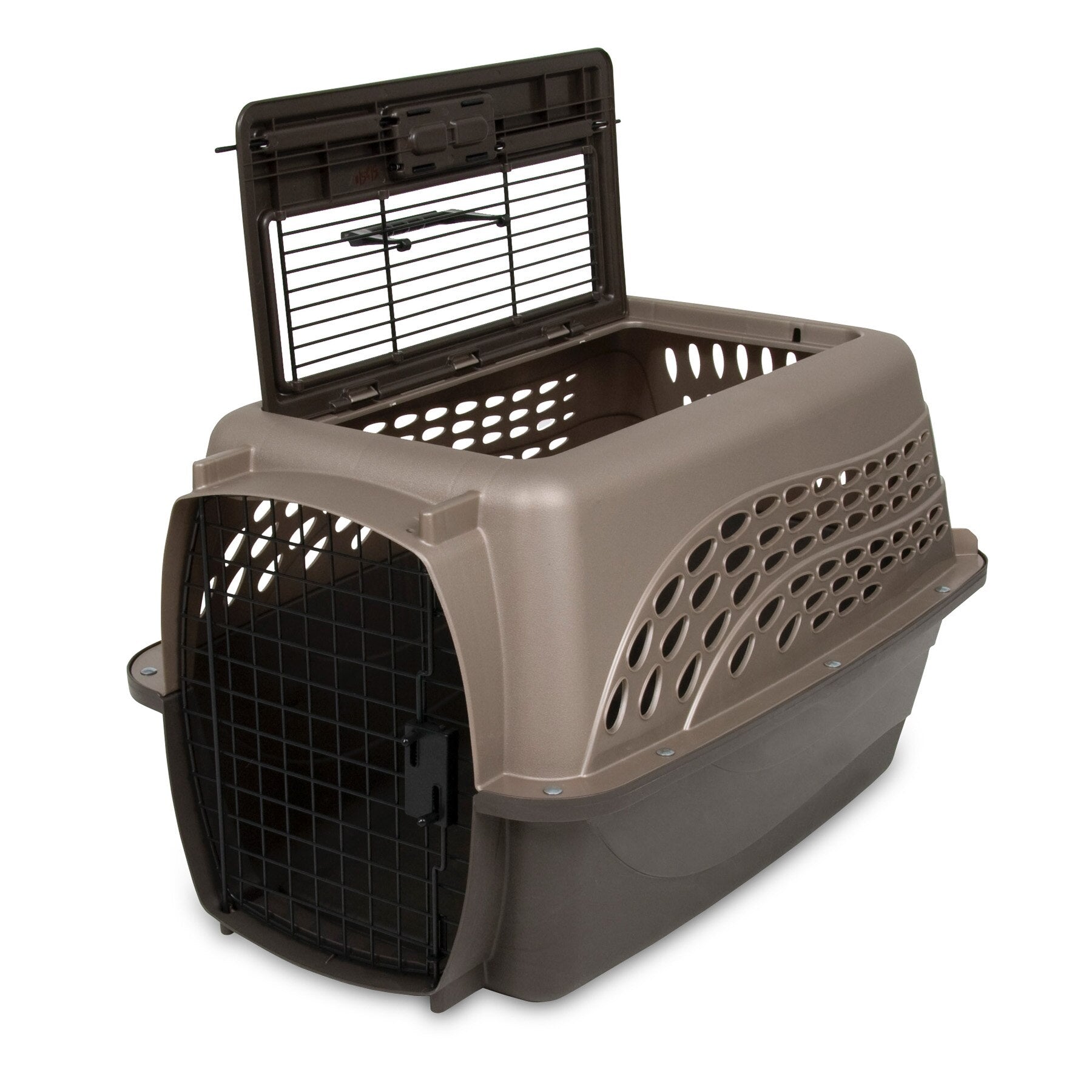 The Petmate E-Z Load Two Door Dog & Cat Kennel is a brown and beige EcoTEC plastic carrier with metal front door, open wire top, and side ventilation—perfect for comfortably and securely transporting small pets.