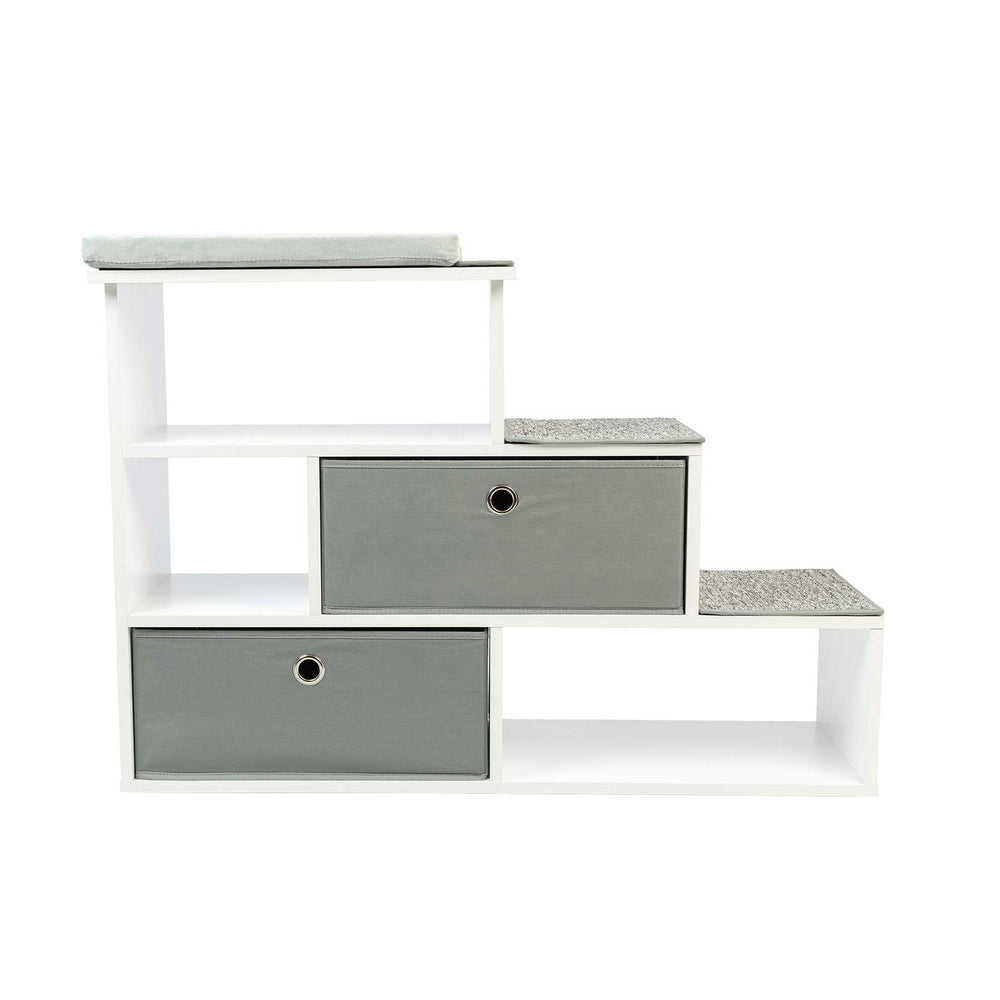 The PetFusion Pet Step Window Perch Bookshelf from Pet Fusion features white stairs with two open steps, gray drawers, a light gray textured top mat, and soft gray step pads, seamlessly blending style and functionality into modern home decor for your furry friend.