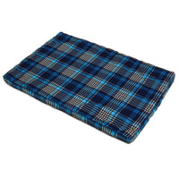 The Aspen Pet Small Plaid Orthopedic Bed boasts a flat, rectangular design with a blue plaid pattern. It features cushioned egg-crate foam for comfort and has a removable cover for easy cleaning.