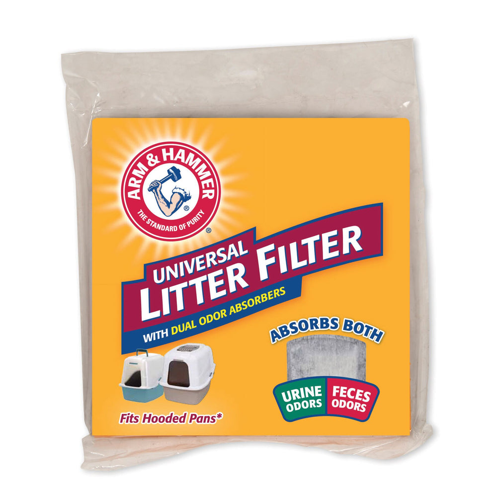 The Arm & Hammer Universal Litter Filter, by Arm And Hammer, is displayed in orange packaging with dual absorbers for excellent odor control of urine and feces in hooded litter pans. The package is covered in clear plastic.