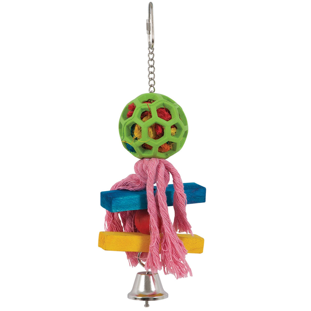 Introducing the JW Hol-ee Roller Pom Pom Bird Toy by Jw, featuring a green lattice ball, colorful wooden blocks, pink ropes, and a jingling bell. All elements are connected by a metal chain with a hook for easy hanging to spark your birds foraging instinct.