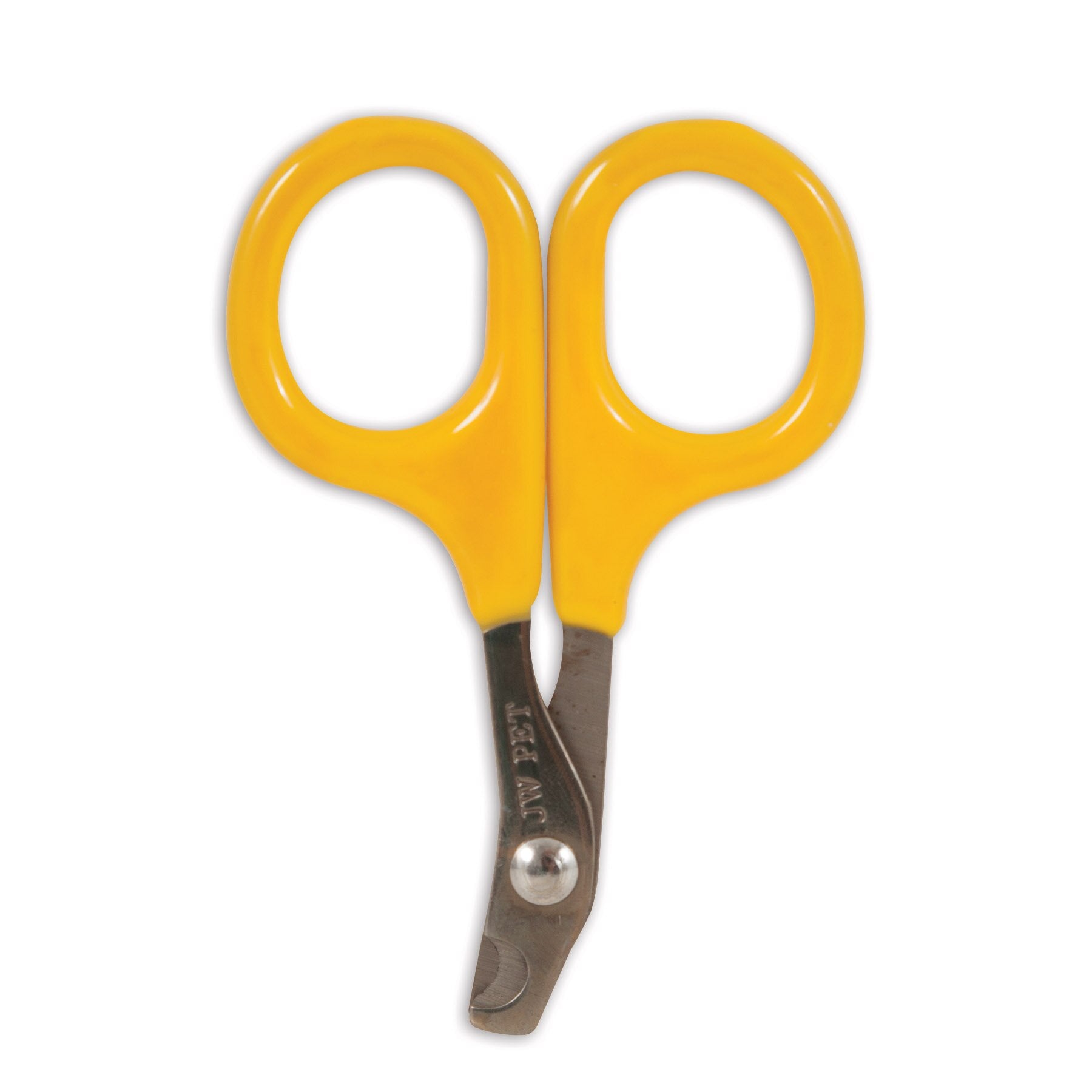 The JW Gripsoft Small Nail Clipper by Jw features yellow handles with Gripsoft Technology for improved control. Its short, curved blades ensure precise trimming during pet grooming.