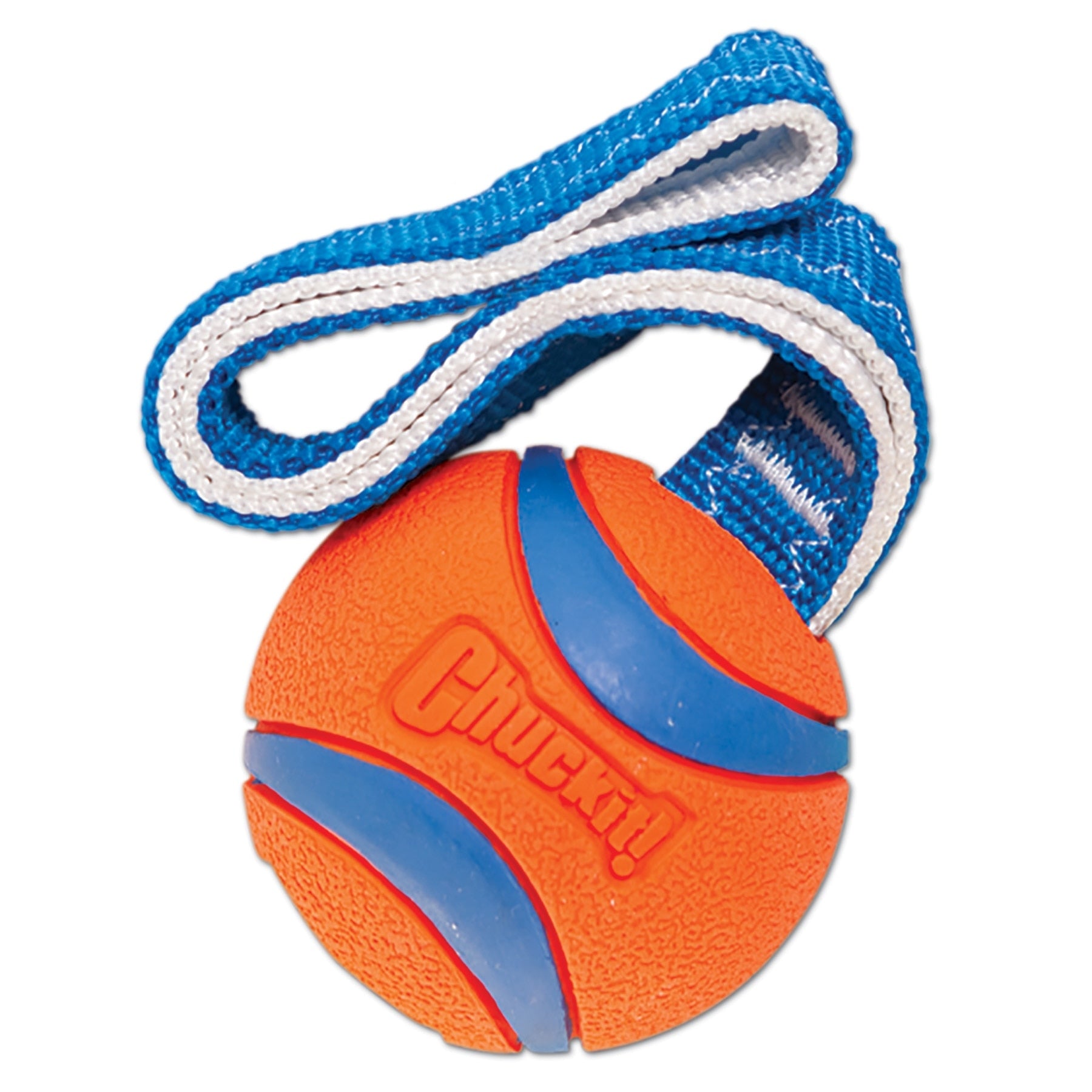 The Chuckit! Ultra Tug Dog Toy, from brand Chuckit, features an orange ball with blue stripes and embossed Chuckit! text. Designed for tug-of-war games, it includes a durable ball attached to a blue and white woven strap for endless resilient playtime adventures.