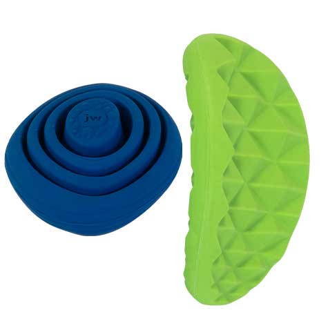 The JW Puppy Teeth-ee Set by Jw features a textured blue rubber toy, shaped like stacked discs for puppy teething, and a green non-toxic rubber toy designed as a diamond-patterned half-cylinder.