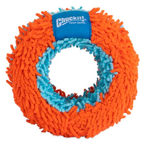 The Chuckit! Indoor Roller Dog Toy by Chuckit is an orange and blue circular toy with Bounceflex Core Technology for durability and bounce. It features a fuzzy texture, a central opening, and a patch displaying Chuckit! Fetch Games.