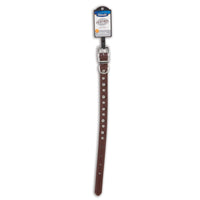 The Petmate Lil Spikes Leather Custom Fit Collar, a stylish and durable brown leather collar with silver studs and a metal buckle, is elegantly displayed on a black plastic hanger complete with a top label.