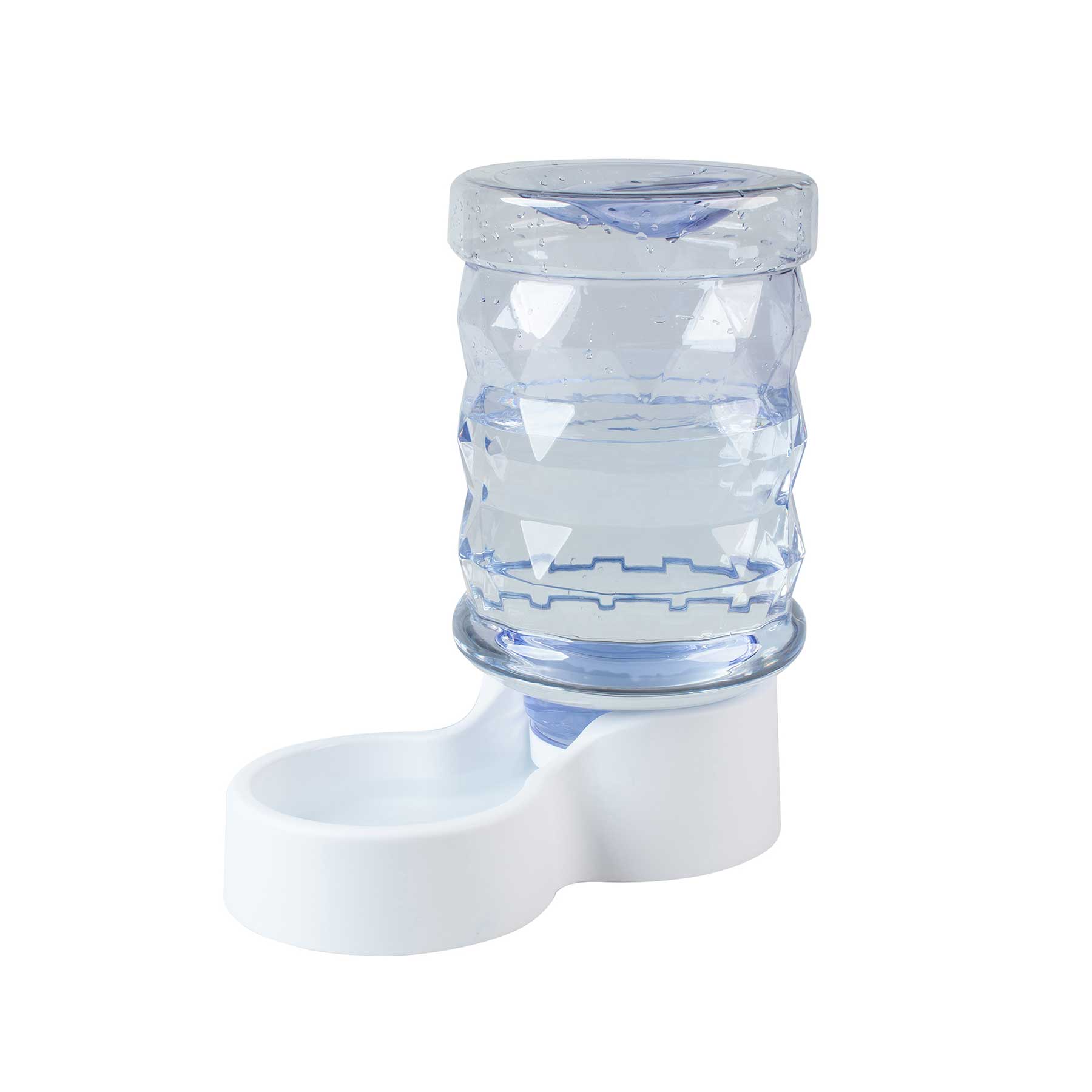 The PetFusion H2O 2.5 Gallon Gravity Pet Water Dispenser, from Pet Fusion, is a BPA-free, white automatic pet water dispenser with a textured clear container and matching white base bowl, ensuring safe hydration for pets.