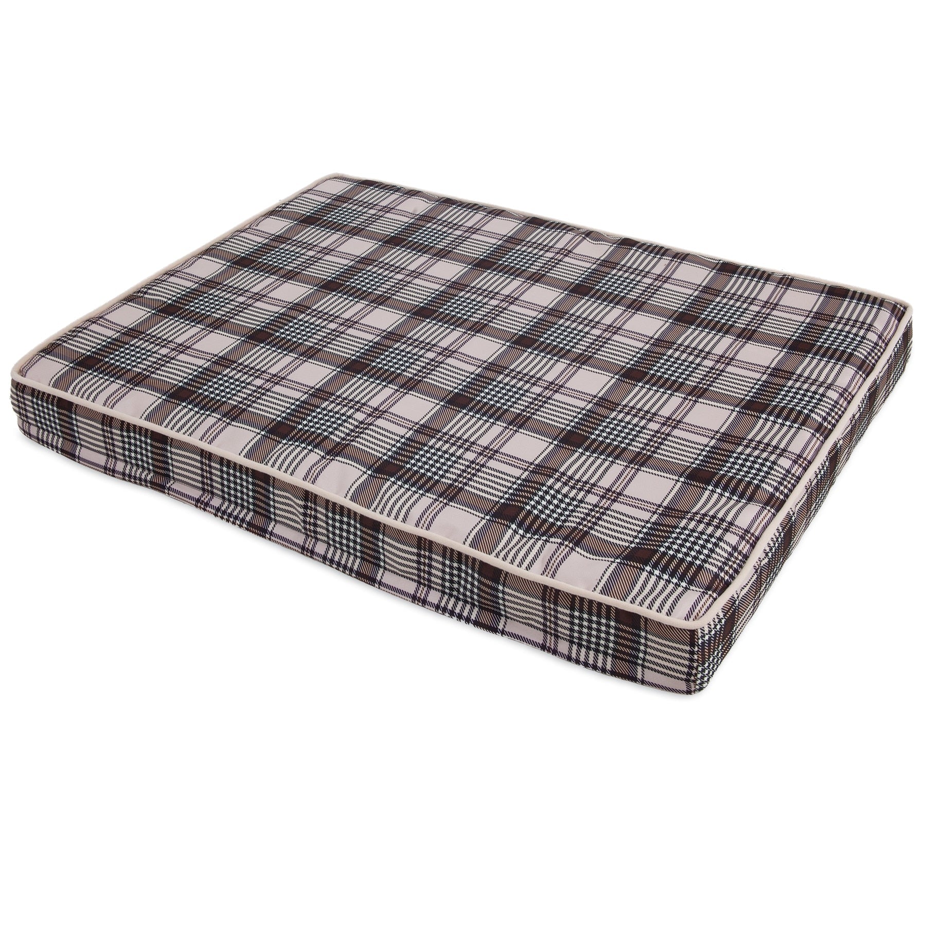 Introducing the Aspen Pet Small Plaid Orthopedic Bed, featuring a brown, black, white, and beige plaid pattern. This rectangular cushion boasts an egg-crate foam interior for extra comfort. Its soft surface is perfect for pets, with slightly rounded edges and a removable cover for convenience.