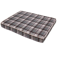 Introducing the Aspen Pet Small Plaid Orthopedic Bed, featuring a brown, black, white, and beige plaid pattern. This rectangular cushion boasts an egg-crate foam interior for extra comfort. Its soft surface is perfect for pets, with slightly rounded edges and a removable cover for convenience.