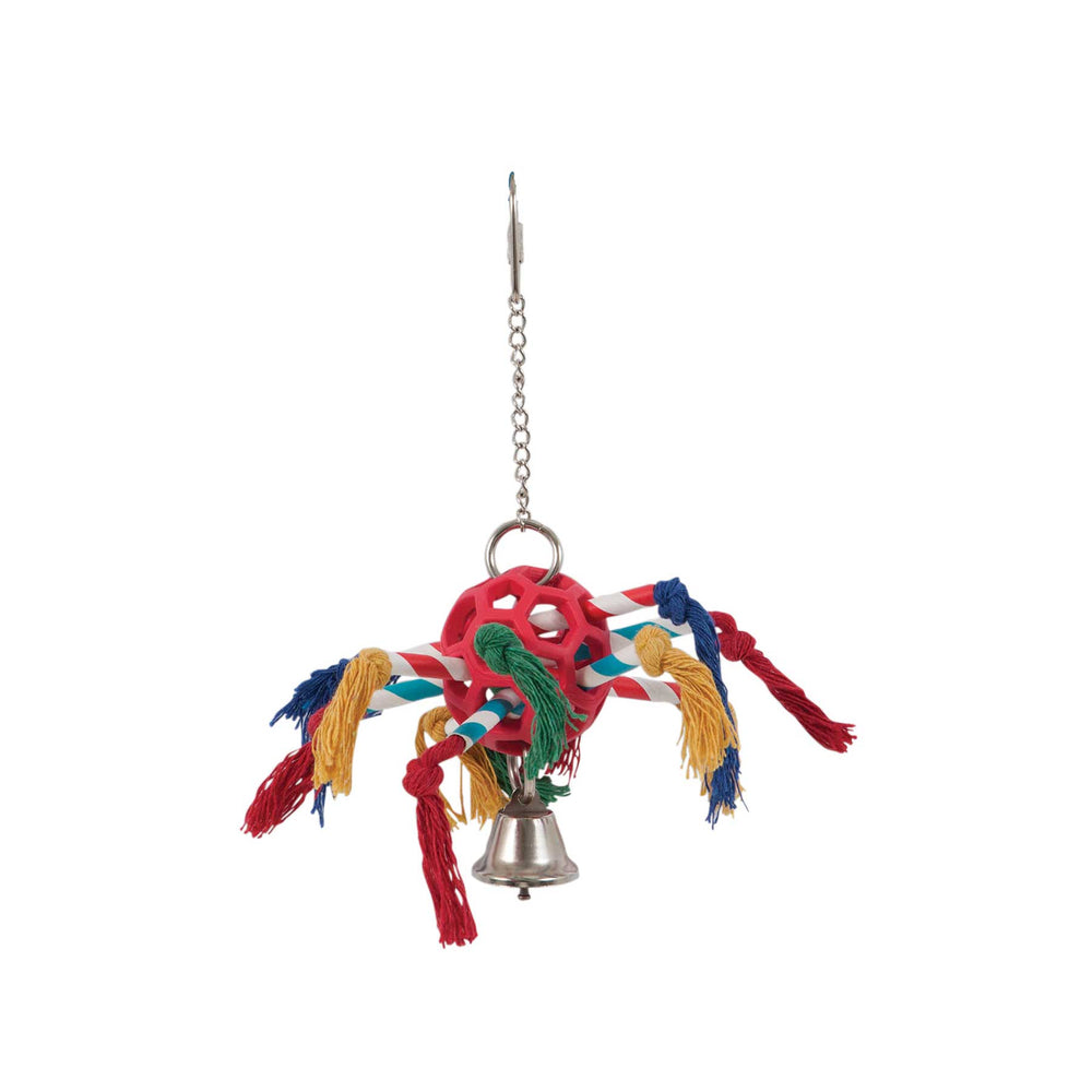 The JW Hol-ee Roller Pinata Bird Toy by Jw features a vibrant design with a red plastic lattice ball, colorful tassels in red, yellow, blue, and green hanging from a chain, and is finished with a playful jingling metal bell.