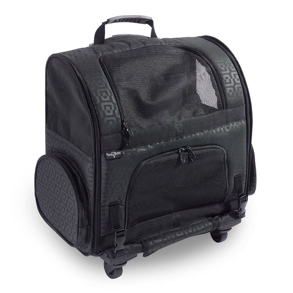The Gen7Pets Black Geometric Roller-Carrier by Gen7 features a Smart-Level Platform, sturdy handle, and mesh ventilation windows. This wheeled pet carrier also includes convenient zippered pockets on the front and sides.