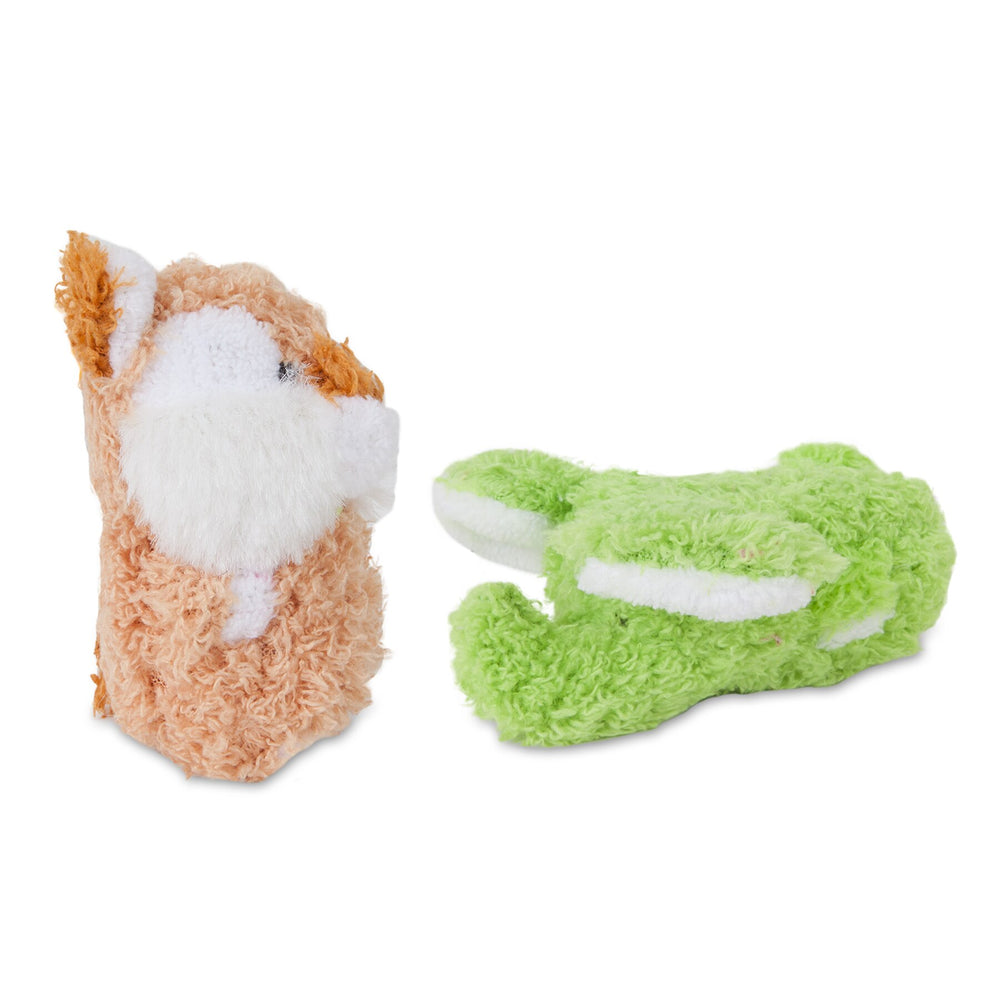 Two small Zoobilee Terry Toys for Small Dogs: an upright brown and white fox, and a green frog lying on its back. Crafted from plush fabric with a soft texture, they are ideal for puppies or small dogs and include a delightful built-in squeaker.