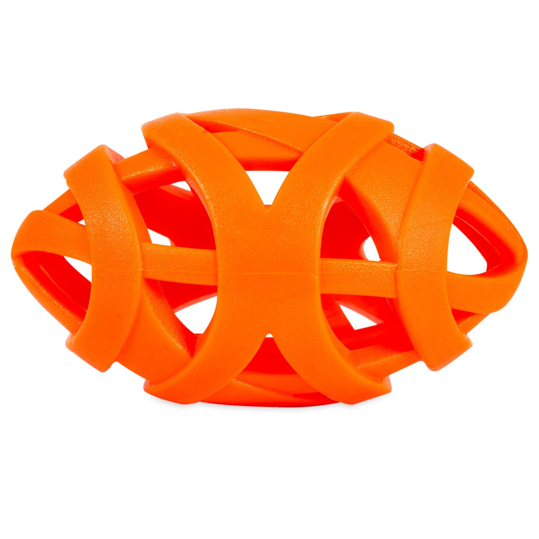 The Chuckit! Air Fetch Football Dog Toy by Chuckit is an orange lattice-designed hollow rubber ball shaped like a football, providing durable fun for endless playtime among Air Dog Toys.