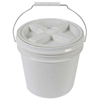 The Vittles Vault Outback Pet Food Storage Bucket is a large, white, cylindrical plastic container with an airtight seal and metal handle. Its textured cross-pattern lid ensures grip for secure storage, while its smooth finish and sturdy build make it ideal for transporting various materials.