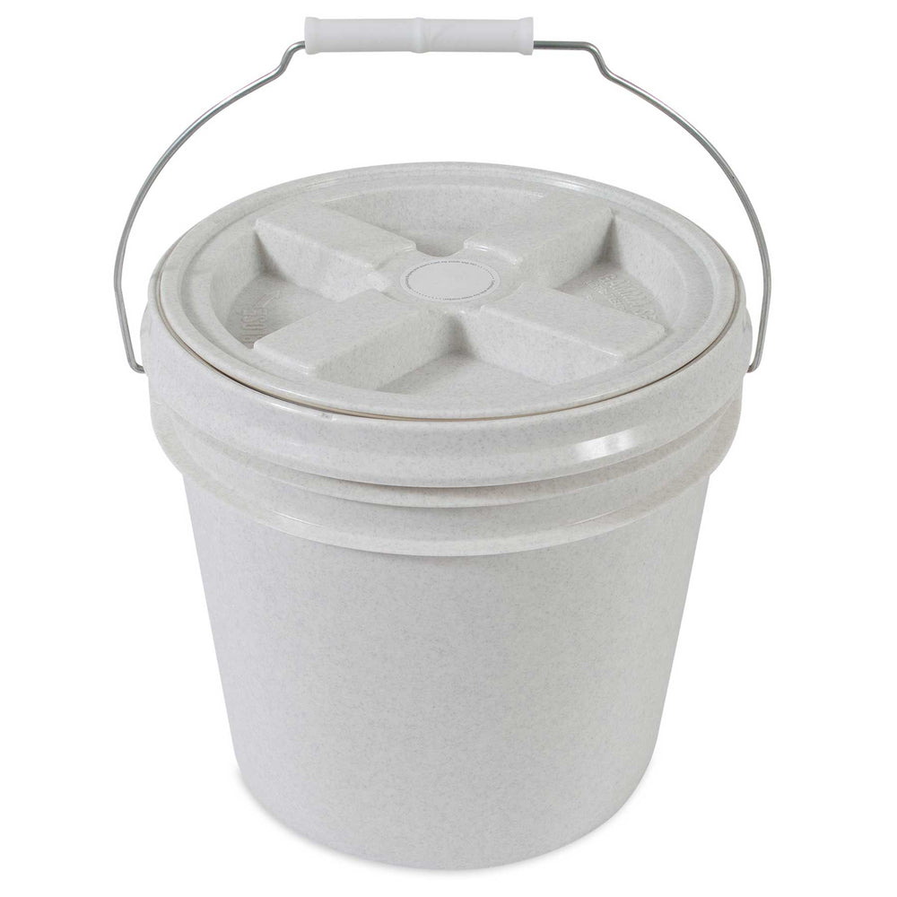 The Vittles Vault Outback Pet Food Storage Bucket is a large, white, cylindrical plastic container with an airtight seal and metal handle. Its textured cross-pattern lid ensures grip for secure storage, while its smooth finish and sturdy build make it ideal for transporting various materials.