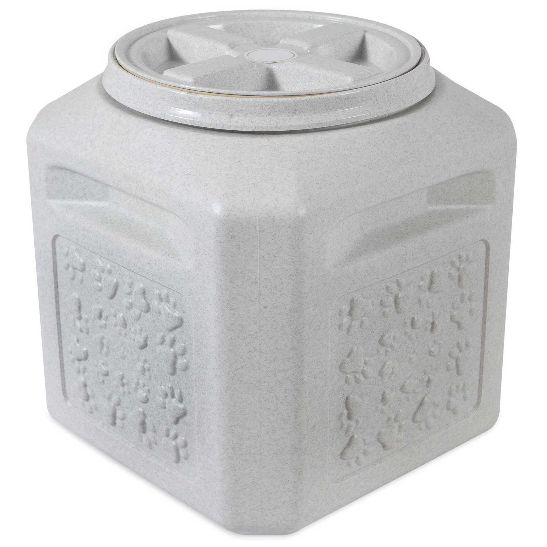 The Vittles Vault Pawprint Outback Food Storage Container by Vittles Vault is a square, light gray plastic container with a twist-off lid and airtight seal. Its crafted from BPA-free plastic and features embossed paw prints, perfect for keeping pet food fresh.