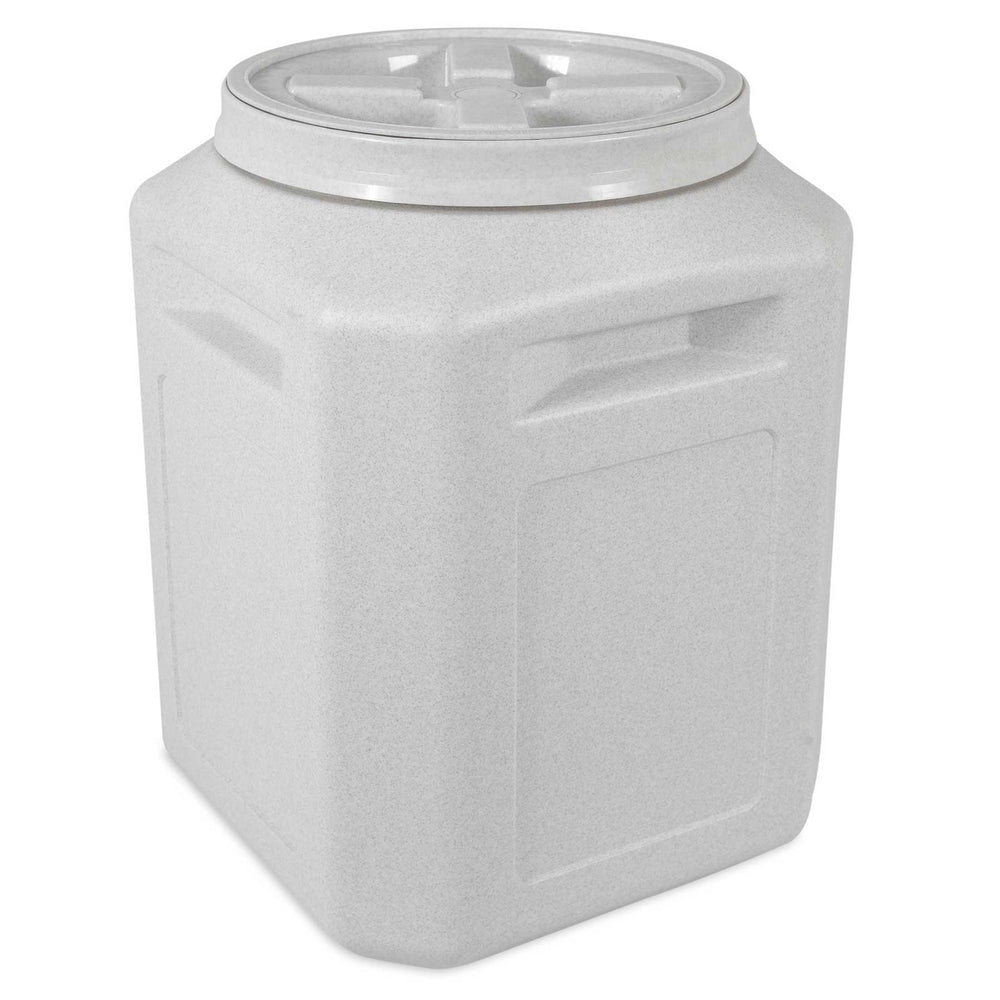 The Vittles Vault Outback Food Storage Container, by Vittles Vault, is a large white plastic square with a round twist-off lid featuring Gamma Seal Technology for an airtight seal. It includes recessed handles for easy carrying and a textured surface for a secure grip.