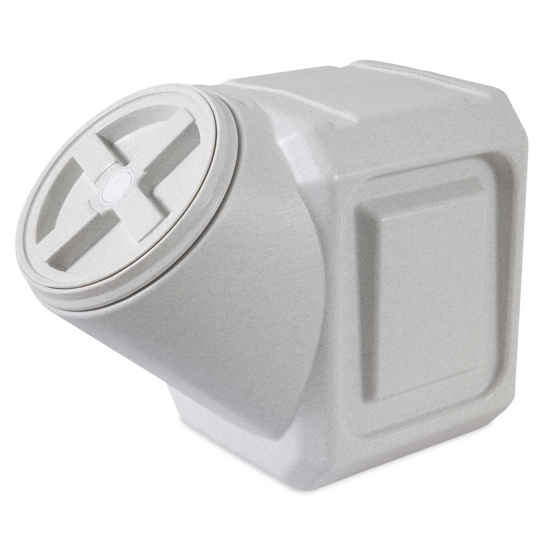 The Vittles Vault Outback Stackable Pet Food Storage Container by Vittles Vault is a large, gray container with an angular design and a round, cross-shaped lid. Its Gamma Seal Technology ensures an airtight seal, and the textured surface makes it perfect for storing bulk pet food.
