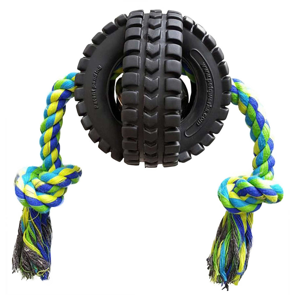 Discover the Petqwerks Single Rope X-Tire Jingle Ball! This playful dog toy features two black rubber tires with textured treads and a colorful rope in vibrant blue, green, and yellow strands extending from the center with lively frayed ends.
