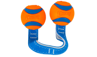 The Chuckit! Ultra Duo Tug Dog Toy by Chuckit features two bright orange and blue balls connected by a sturdy blue fabric strap, perfect for interactive play. It showcases the Chuckit logo, has blue stripes, and is accented with white stitching for added flair.