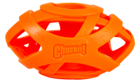 The Chuckit Air Fetch Football Dog Toy by Chuckit is an orange, durable rubber toy with an open lattice design for easy gripping and fetching.