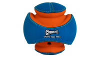 The Chuckit Giggle Kick Fetch dog toy features bright blue and orange colors, curved textured sections, and visible stitching. Perfect for interactive play, it includes hollow areas for easy gripping.