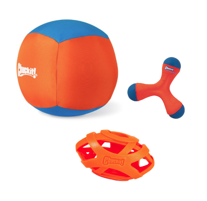 The Petmate Chuckit! Fetch & Float Toy Bundle showcases three orange and blue toys: a large round ball, an Amphibious Tri-Bumper, and an open lattice-style ball, all crafted for active dog play.