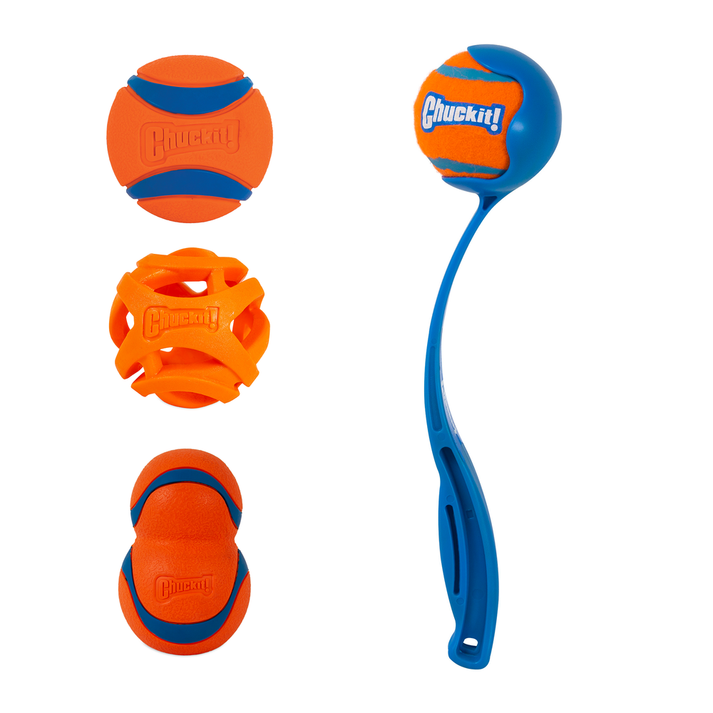 The Chuckit! Sport Launcher & Fetch Toy Set by Chuckit features an ergonomic rubber-handled launcher for easy throws, hands-free pickup convenience, and includes a fetch ball, a ball with orange bands, and a ball-shaped toy—ideal for fun play sessions.