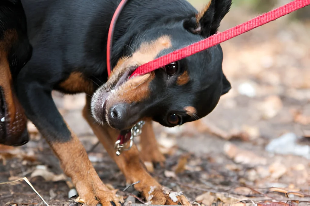 dog biting leash and jumping